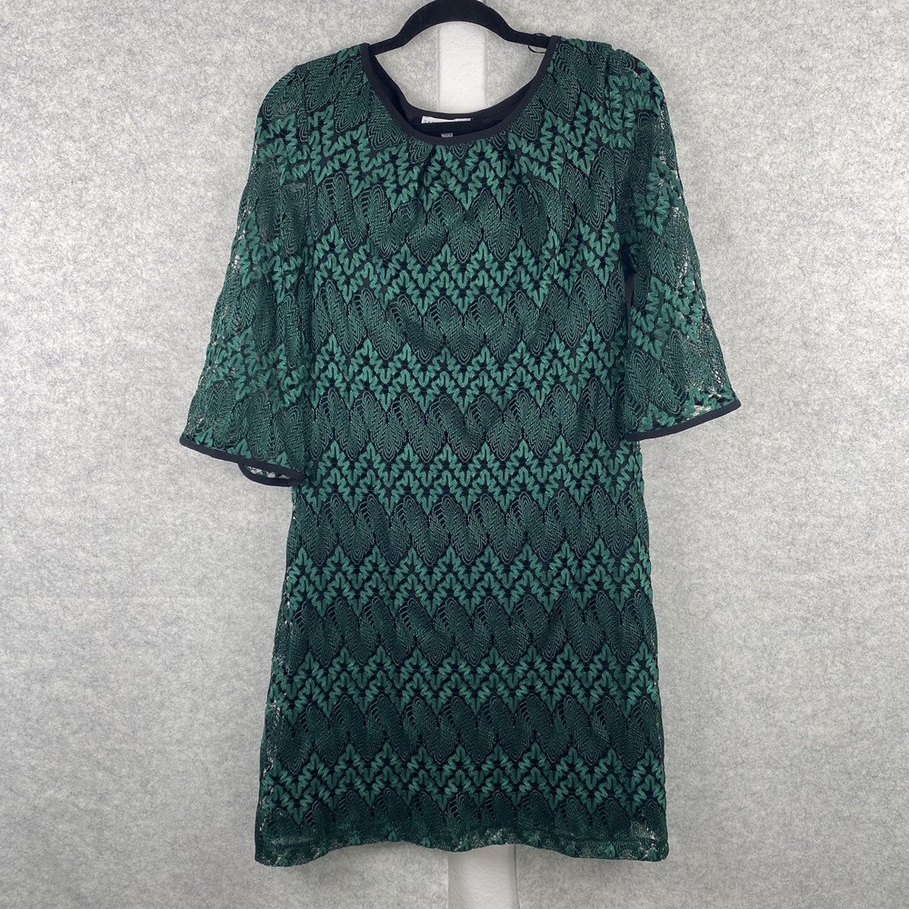 Sandra Darren Womens 14 Green Geometric Lace Bell Sleeve Shift Dress Lined Knee